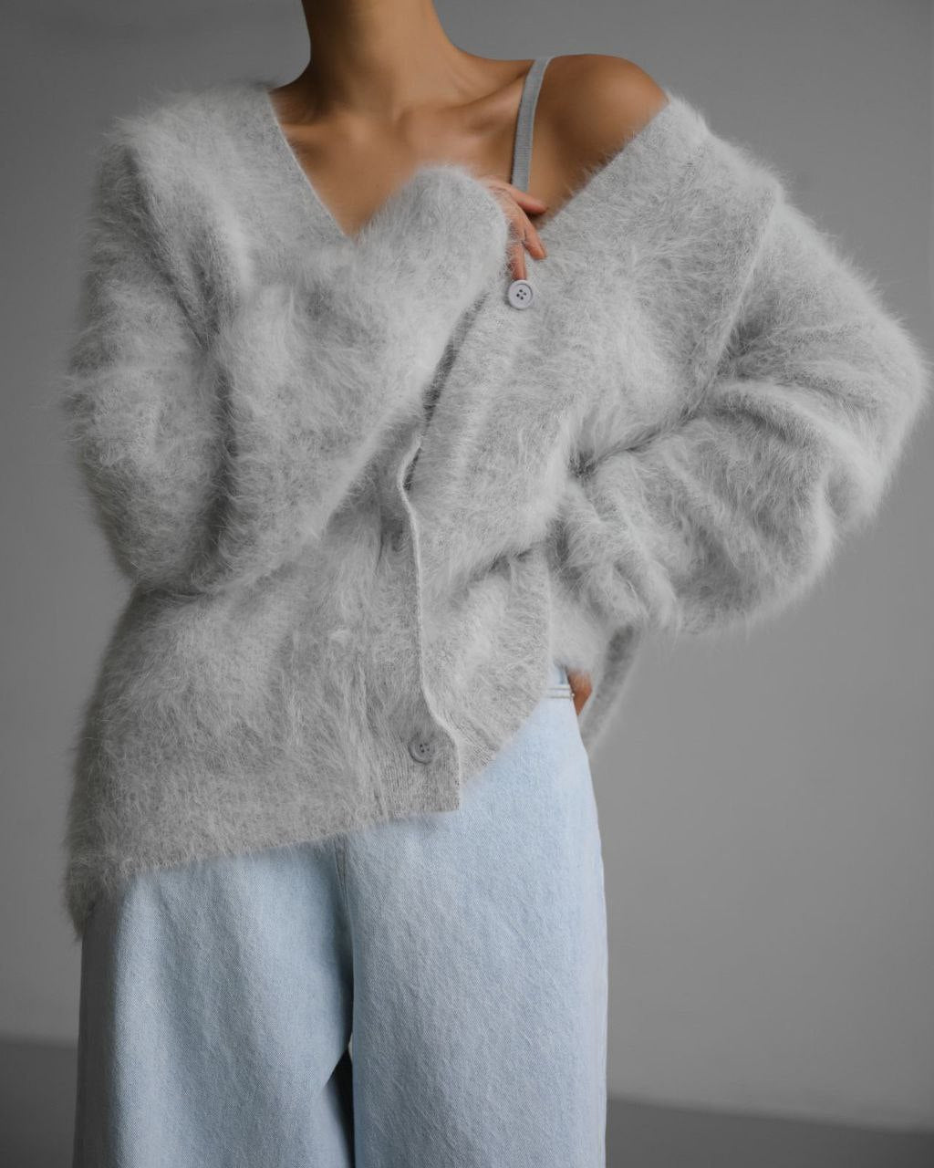 Women's Fluffy Wool Cashmere Blend Cardigan with Buttons – Soft V-Neck Knit for Autumn and Winter