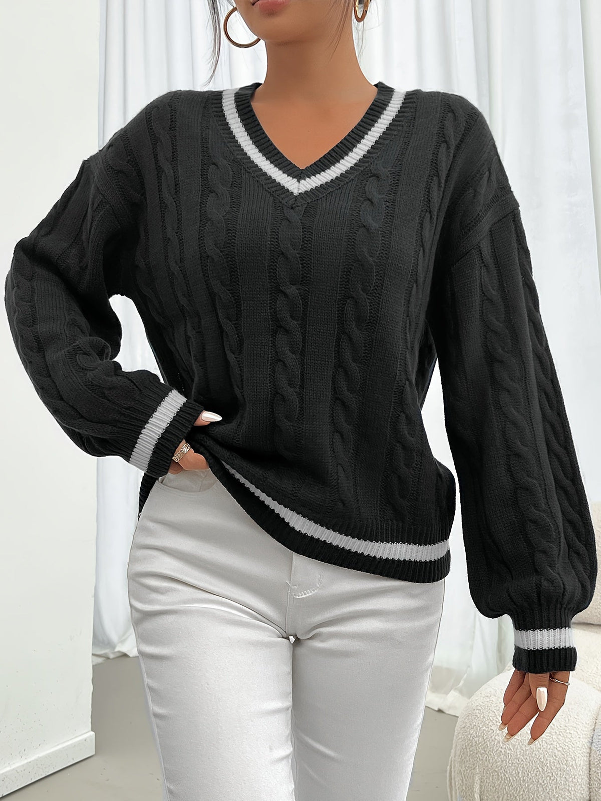 Camryn | V Neck Cable Knit Sweater
