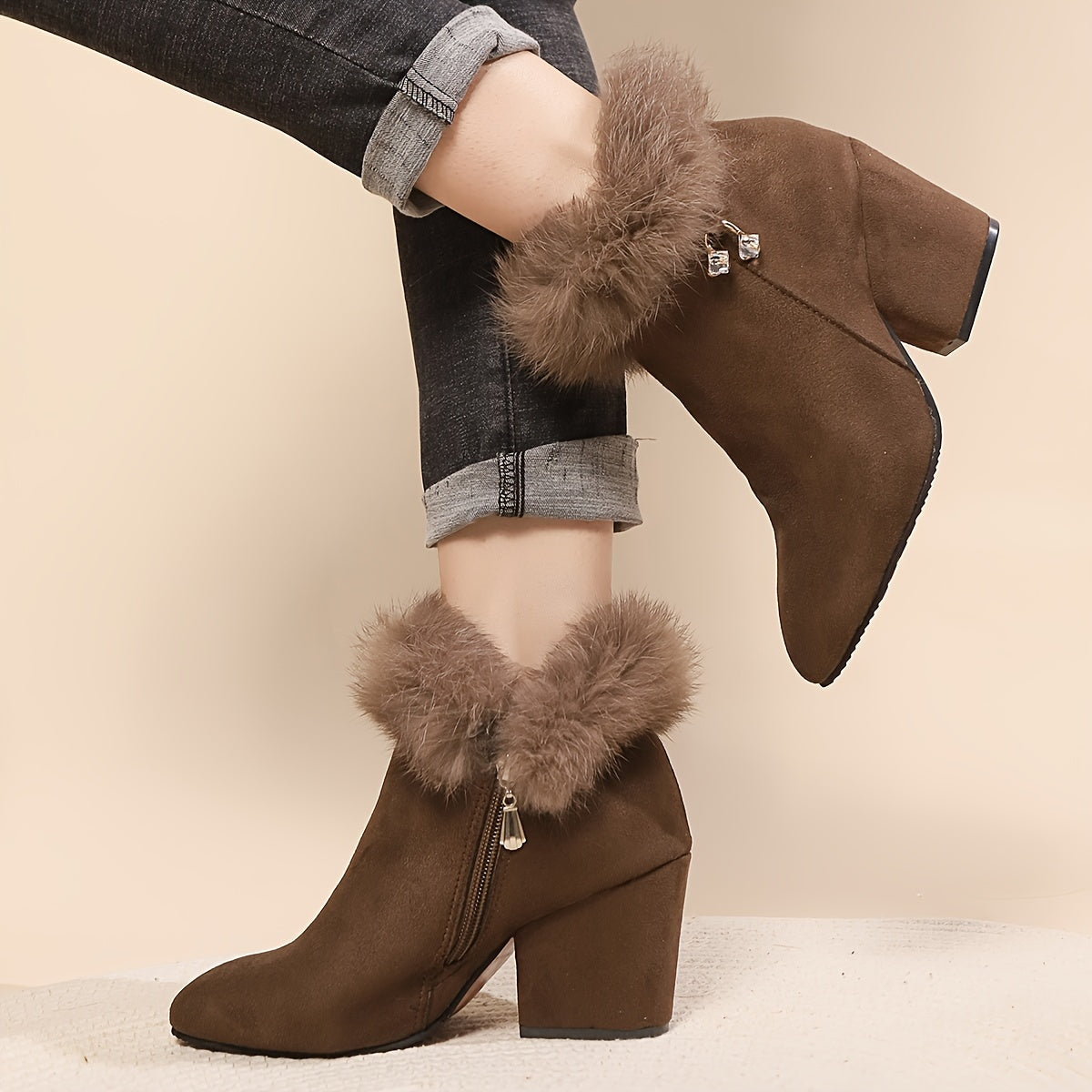 Women's Faux-Fur Trim Ankle Boots Block Heel Side Zip