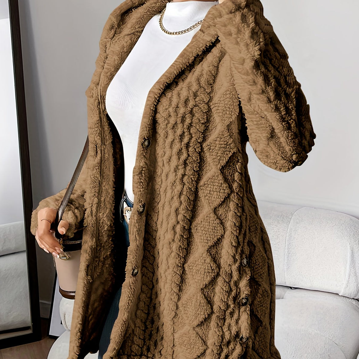 Women’s Longline Textured Knit Cardigan with Button Front – Relaxed Warm Layer for Autumn and Winter