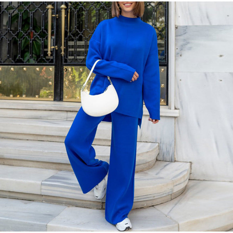 Women's Soft Knit Two-Piece Loungewear Set – Relaxed Turtleneck Jumper and Wide Leg Trousers for Autumn and Winter