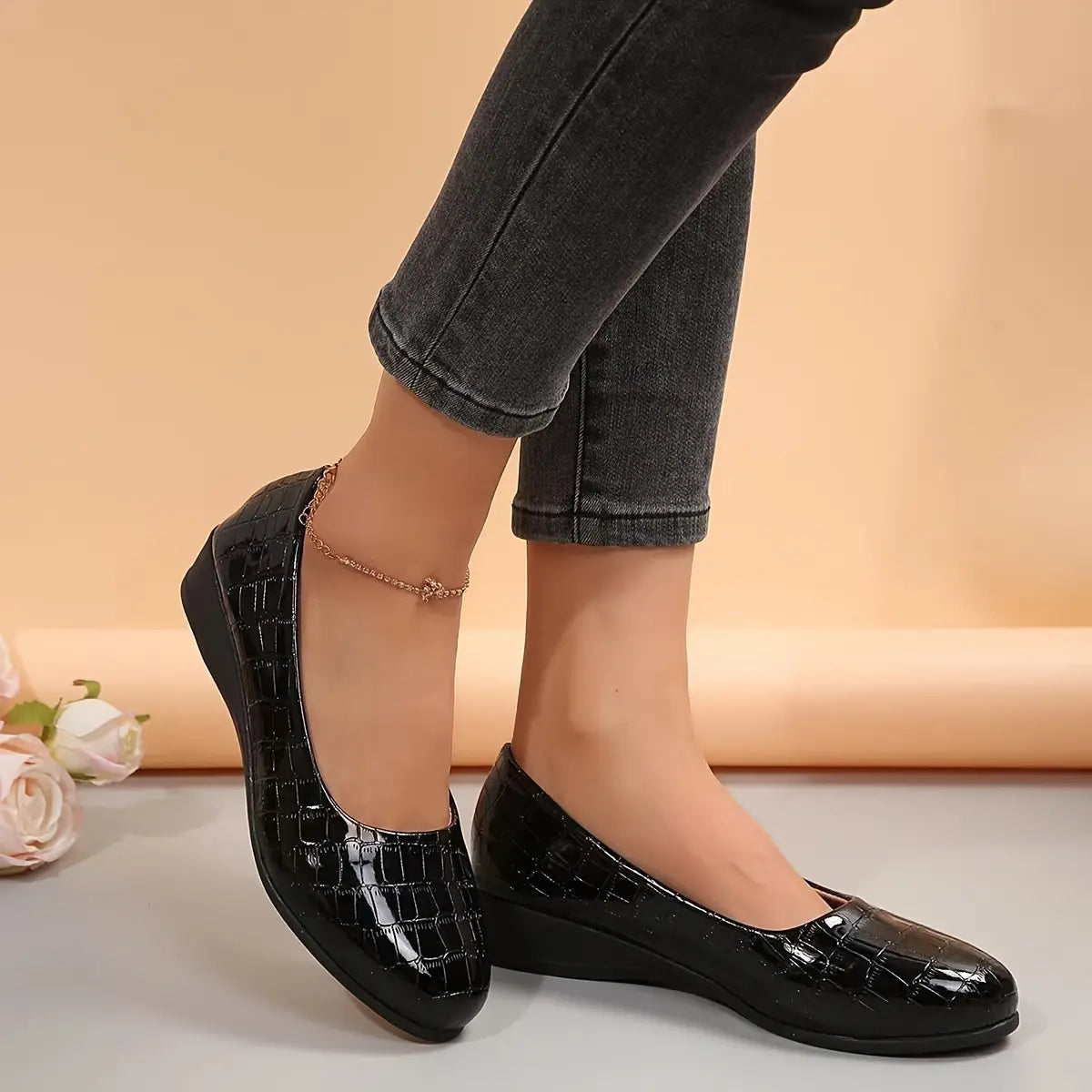 Women's Patent Wedge Shoes Croc-Effect Slip-On