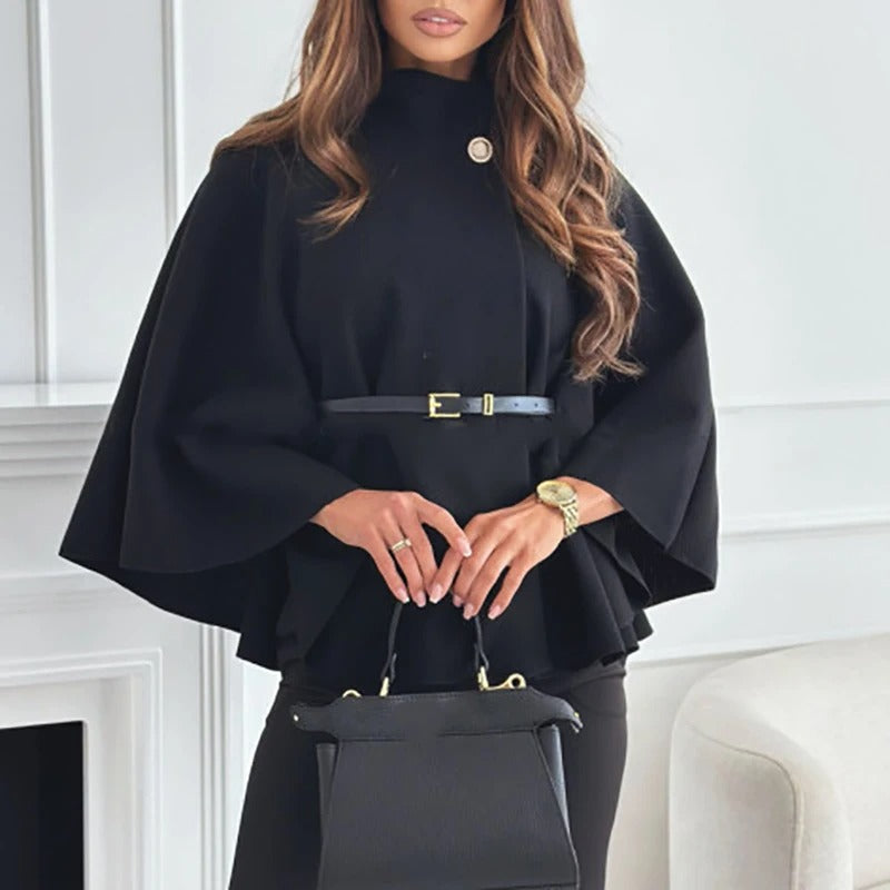Women's Belted Cape with High Neck and Wide Sleeves