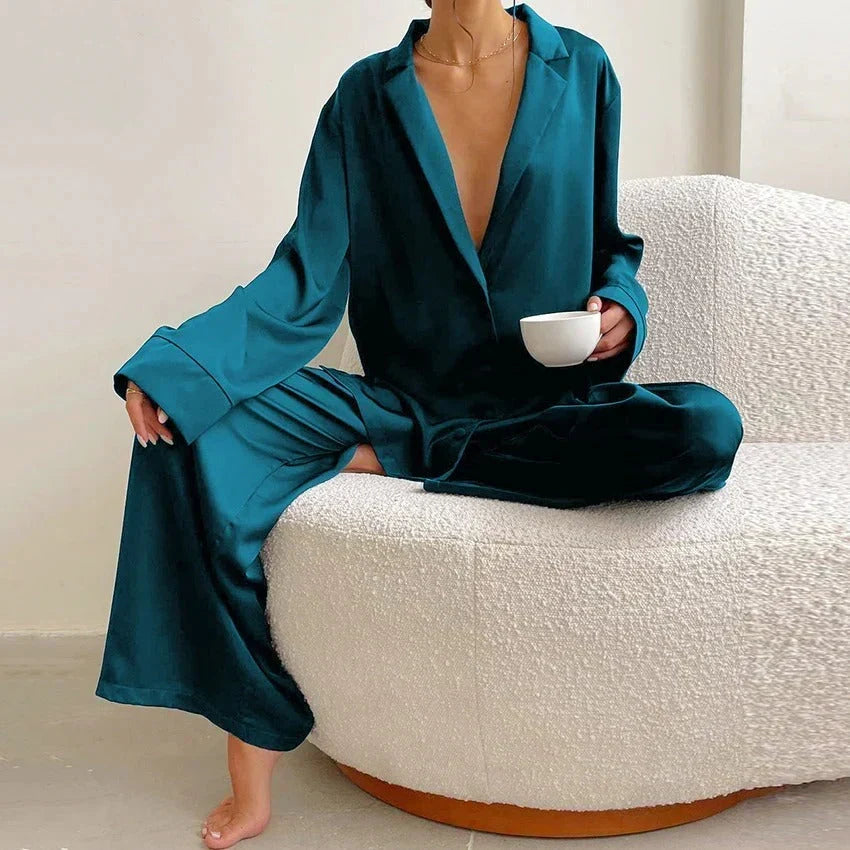 Women's Satin Pyjama Set | Button-Up Shirt & Wide Leg Trousers