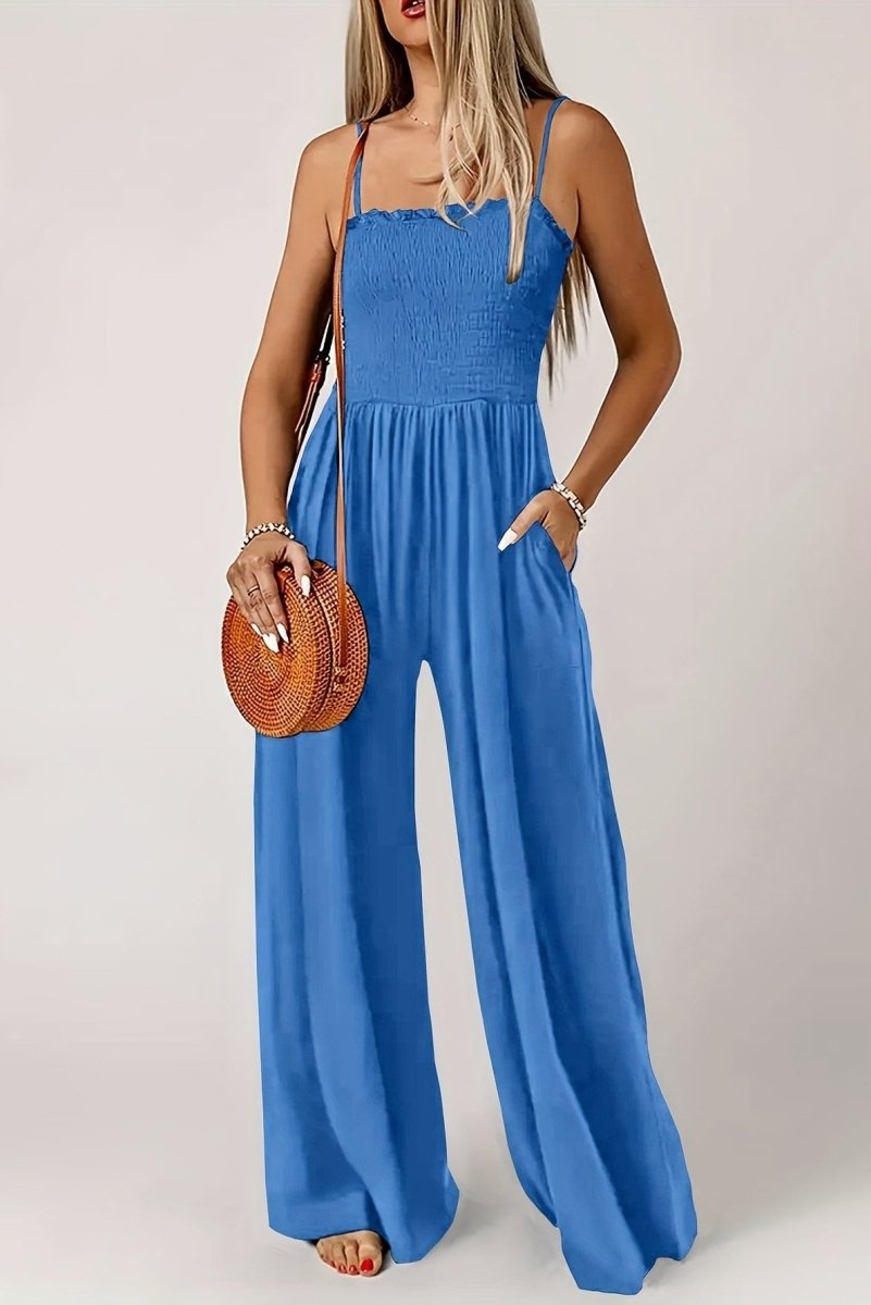 Women's Shirred Wide-Leg Jumpsuit with Spaghetti Straps – Relaxed Summer One-Piece for Holidays and Casual Wear