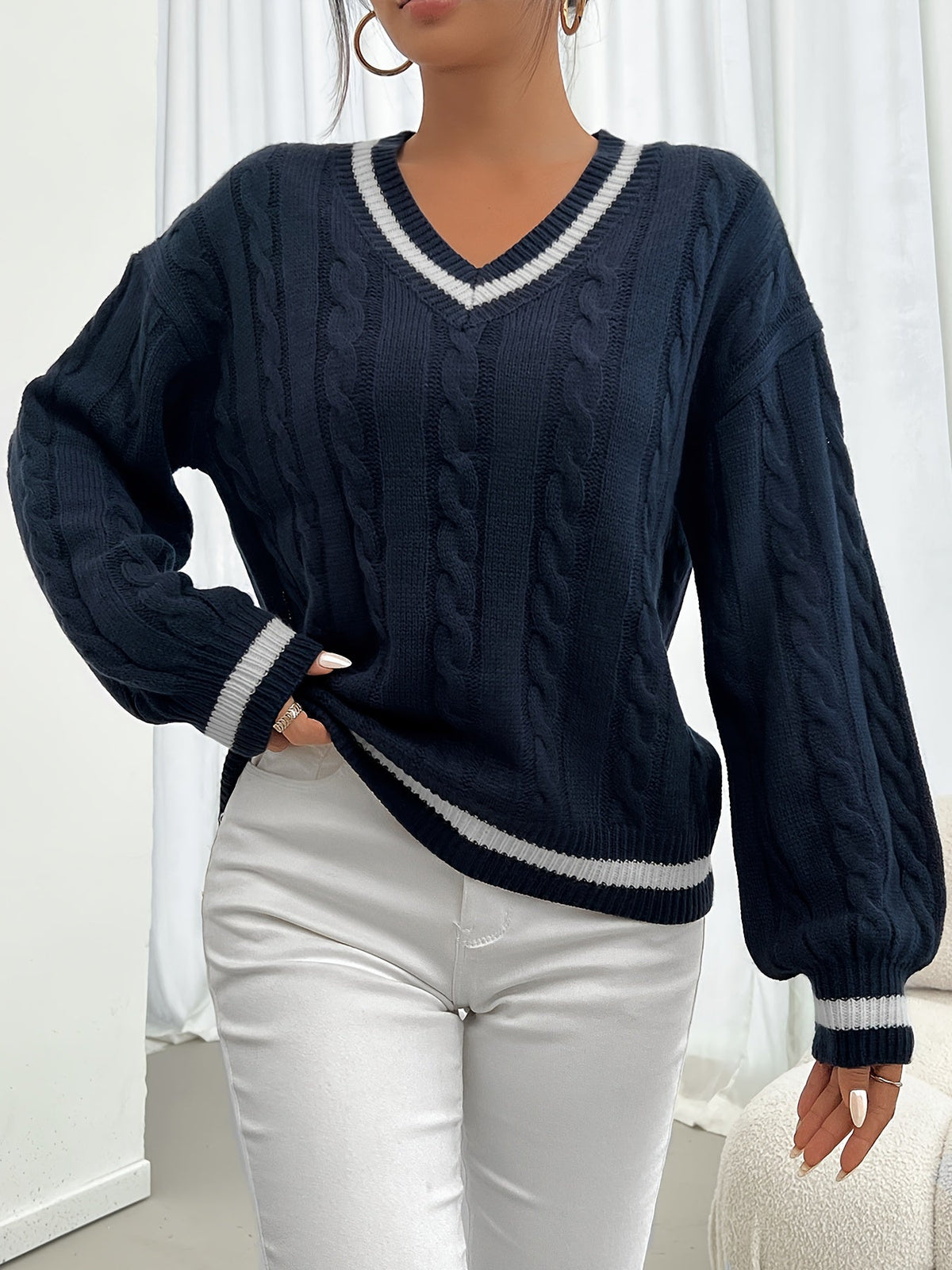 Camryn | V Neck Cable Knit Sweater