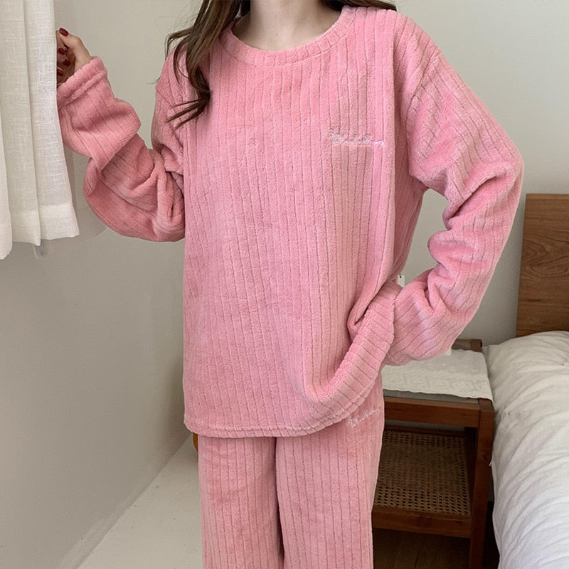 Women's Ribbed Fleece Long-Sleeve Top and Trousers Set – Soft Relaxed Two-Piece Loungewear for Autumn and Winter