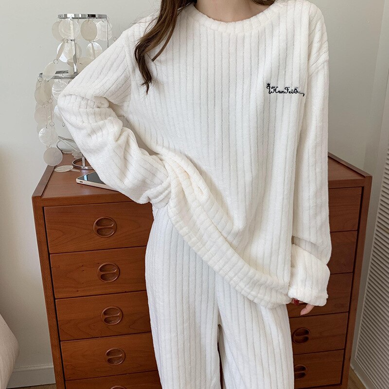 Women's Ribbed Fleece Long-Sleeve Top and Trousers Set – Soft Relaxed Two-Piece Loungewear for Autumn and Winter