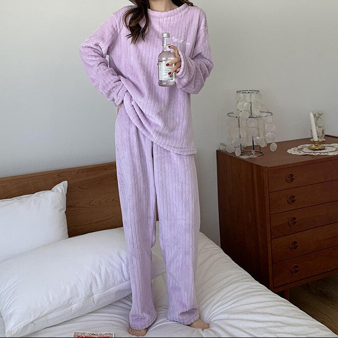 Women's Ribbed Fleece Long-Sleeve Top and Trousers Set – Soft Relaxed Two-Piece Loungewear for Autumn and Winter