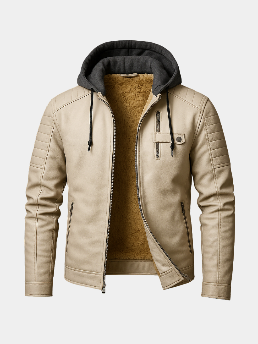 Men’s Hooded Leather Look Biker Jacket