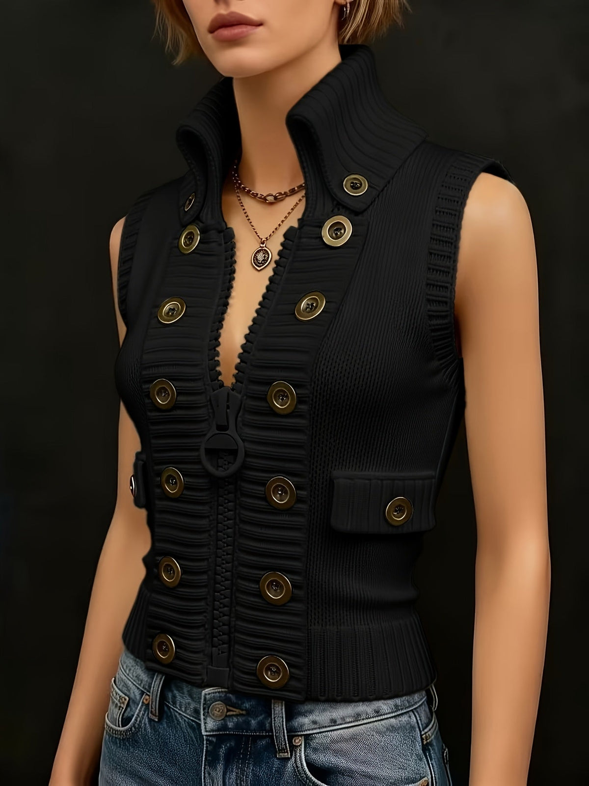 Tessa | High Collar Zip Up Tailored Vest