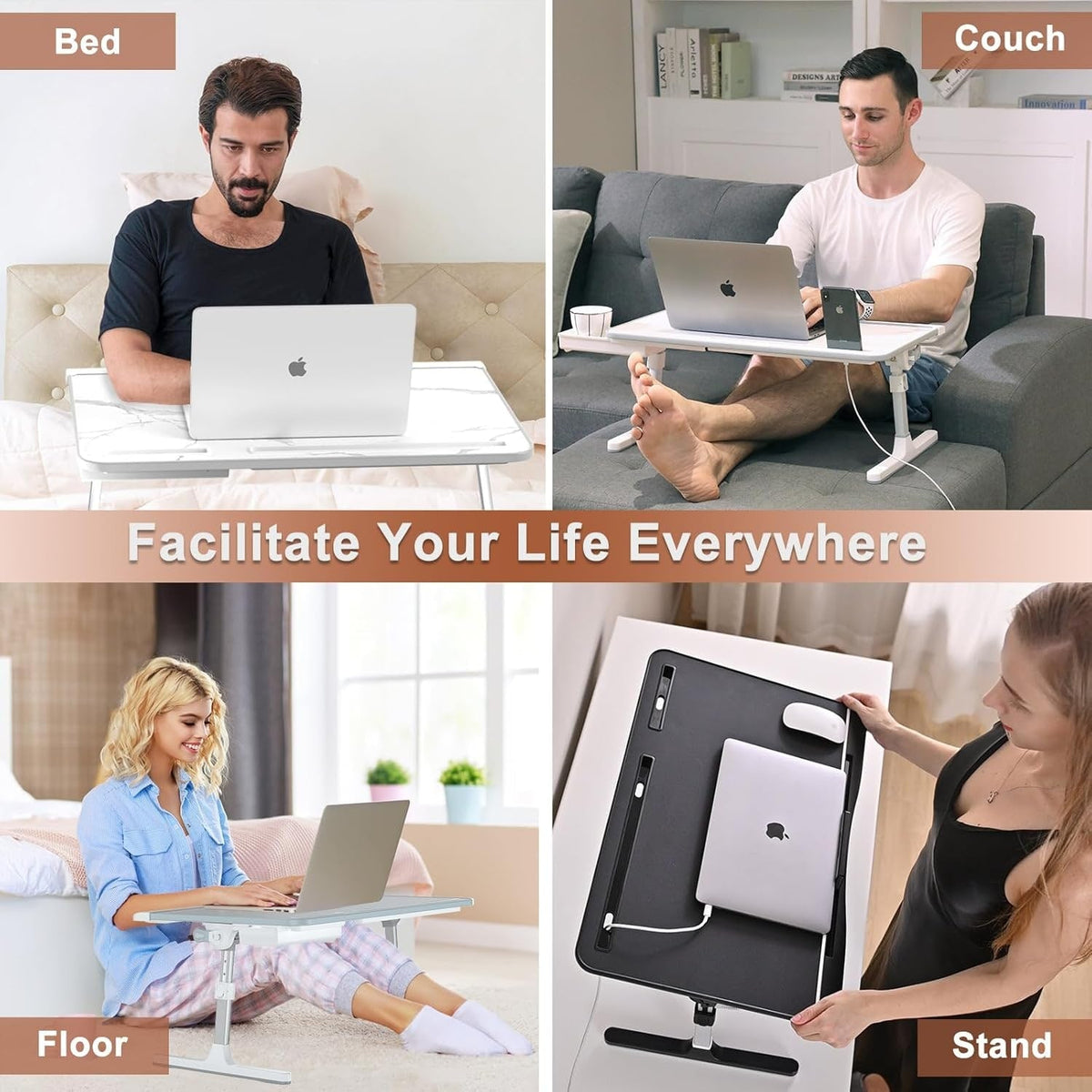 Adjustable Laptop Desk for Bed with Storage Drawer and Tilting Tray Table Computer
