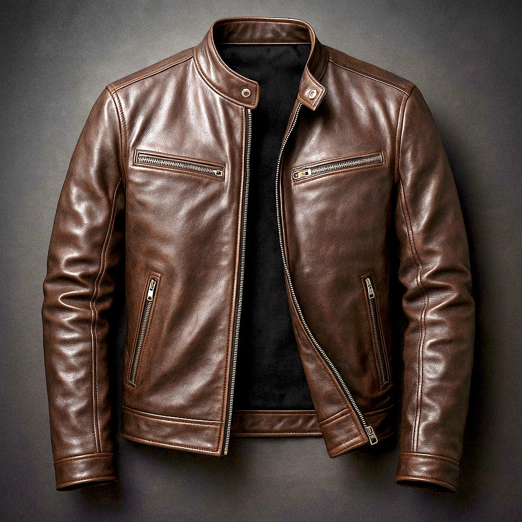 Joshua | Men's Leather Jacket Band Collar Zipper