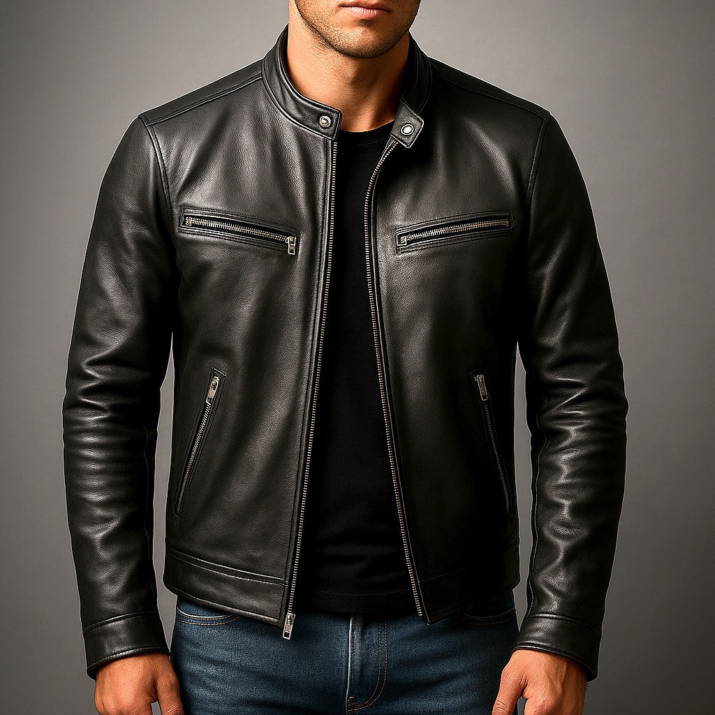 Joshua | Men's Leather Jacket Band Collar Zipper