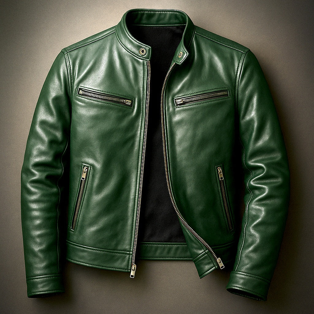 Joshua | Men's Leather Jacket Band Collar Zipper