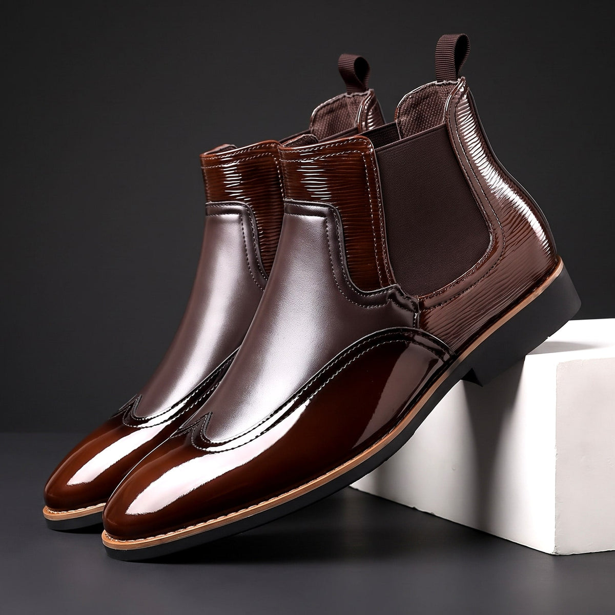 Adrian - Men's Glossy Patent Chelsea Boots with Elastic Gussets