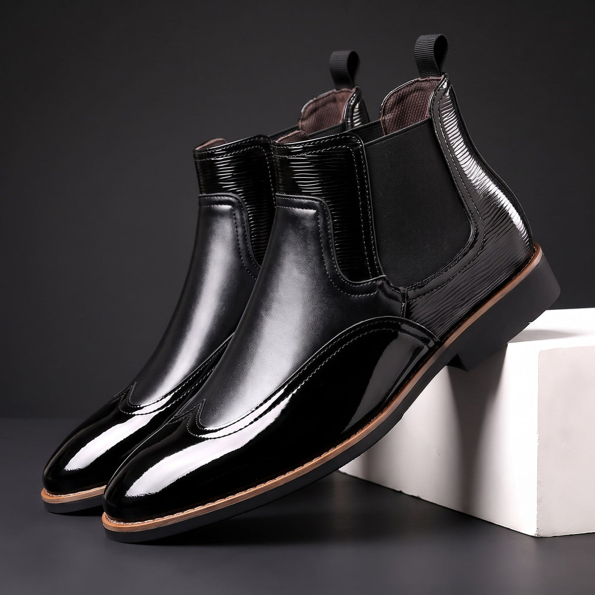 Adrian - Men's Glossy Patent Chelsea Boots with Elastic Gussets