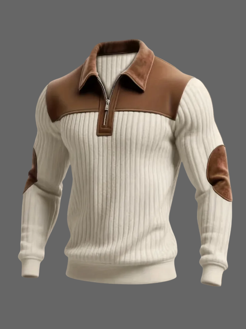 Adrian - Men's Ribbed Half-Zip Polo with Suede Accents