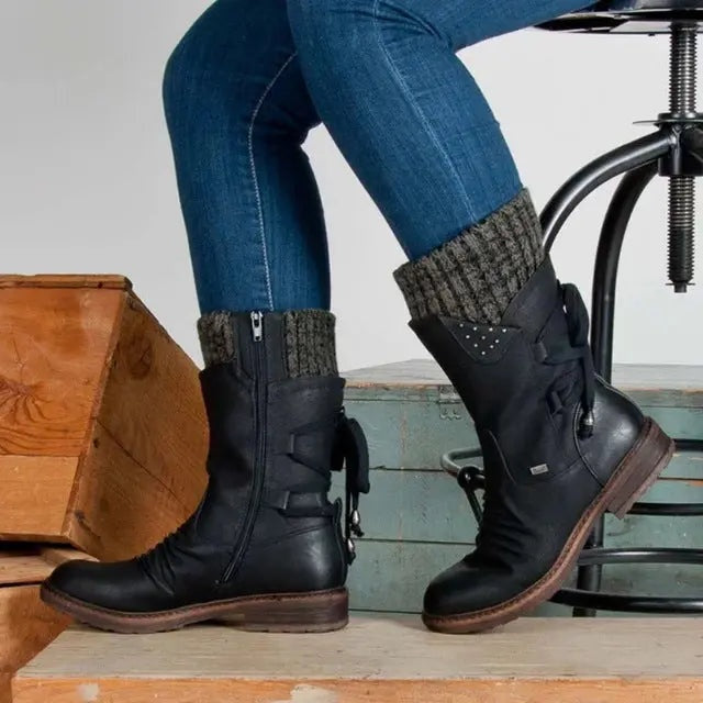 Norah | Women's Winter Boots Combat Style Mid Calf Lace Up
