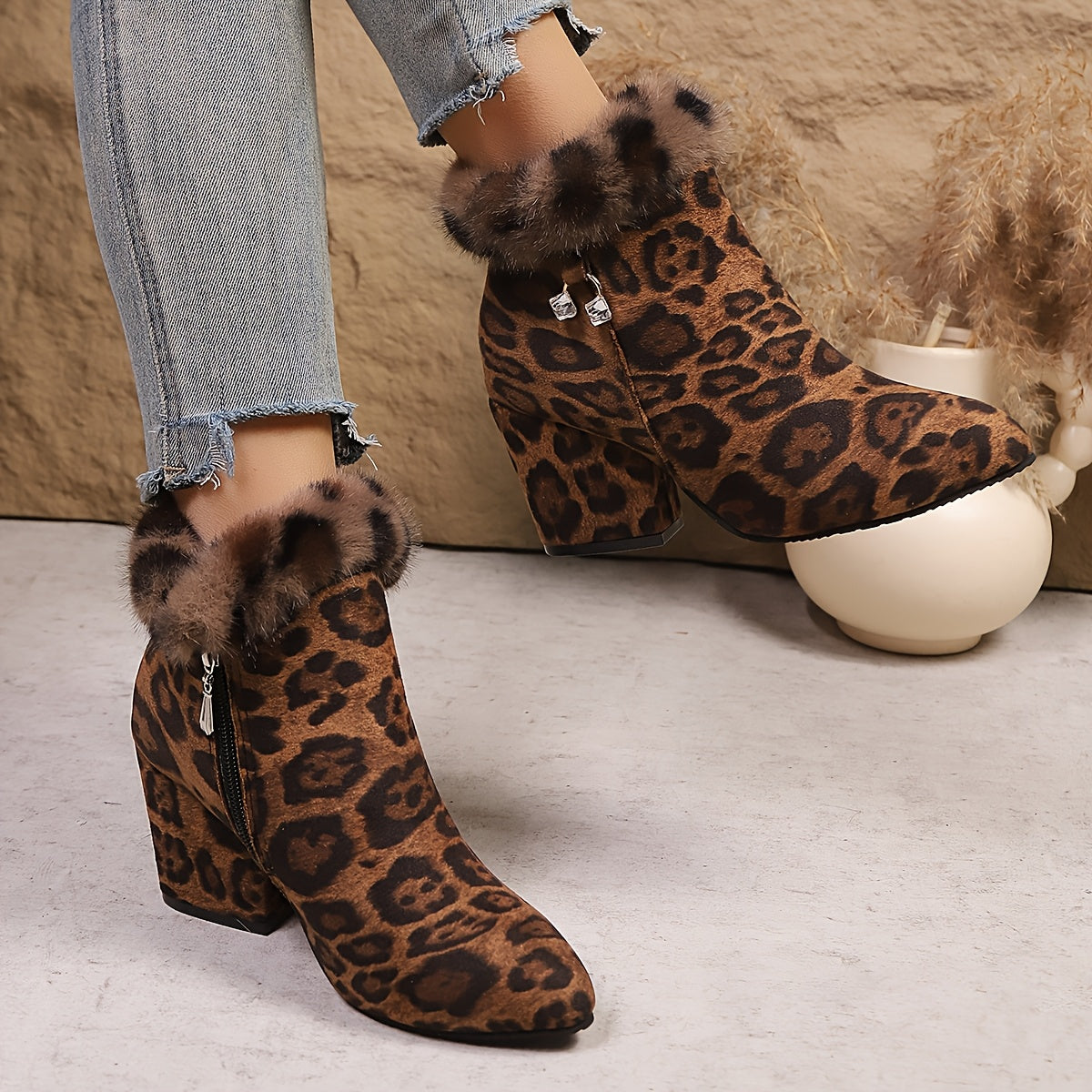 Women's Faux-Fur Trim Ankle Boots Block Heel Side Zip