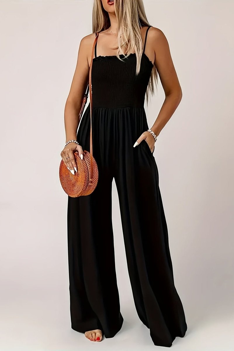 Women's Shirred Wide-Leg Jumpsuit with Spaghetti Straps – Relaxed Summer One-Piece for Holidays and Casual Wear