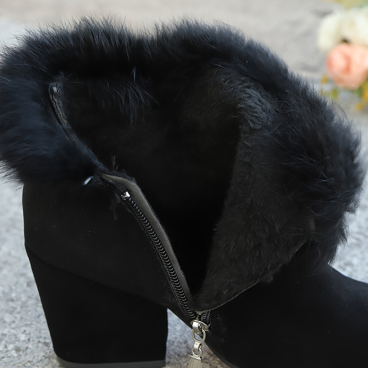 Women's Faux-Fur Trim Ankle Boots Block Heel Side Zip