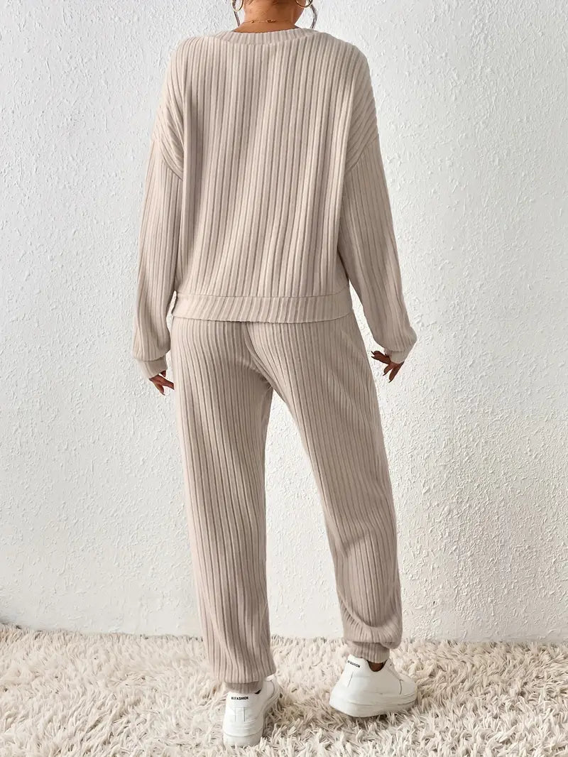 Women’s Soft Ribbed Knit V-Neck Top and Drawstring Jogger Set – Relaxed Two-Piece Loungewear for Autumn and Winter