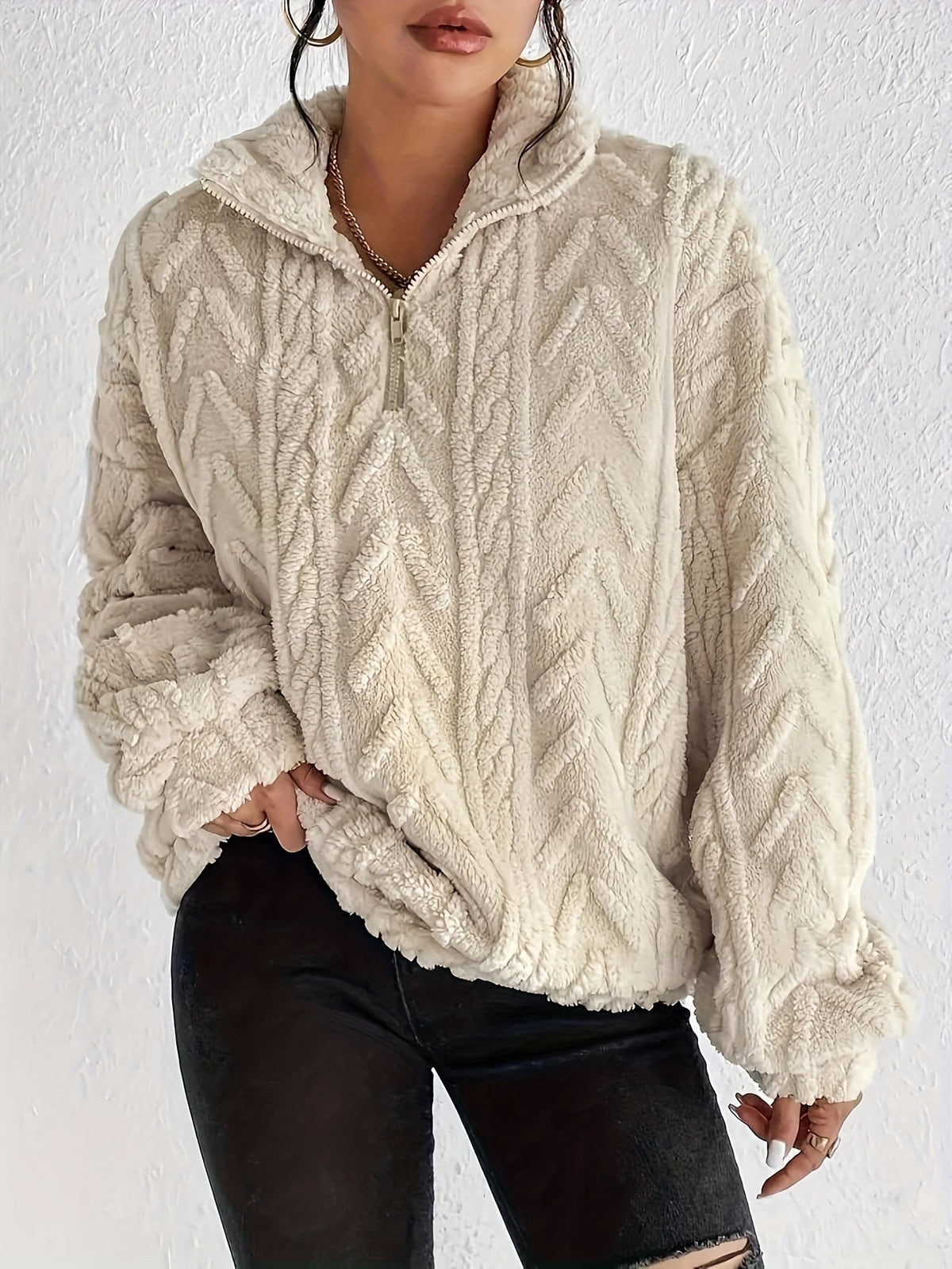 Women's Textured Half-Zip Hooded Jumper with Relaxed Fit