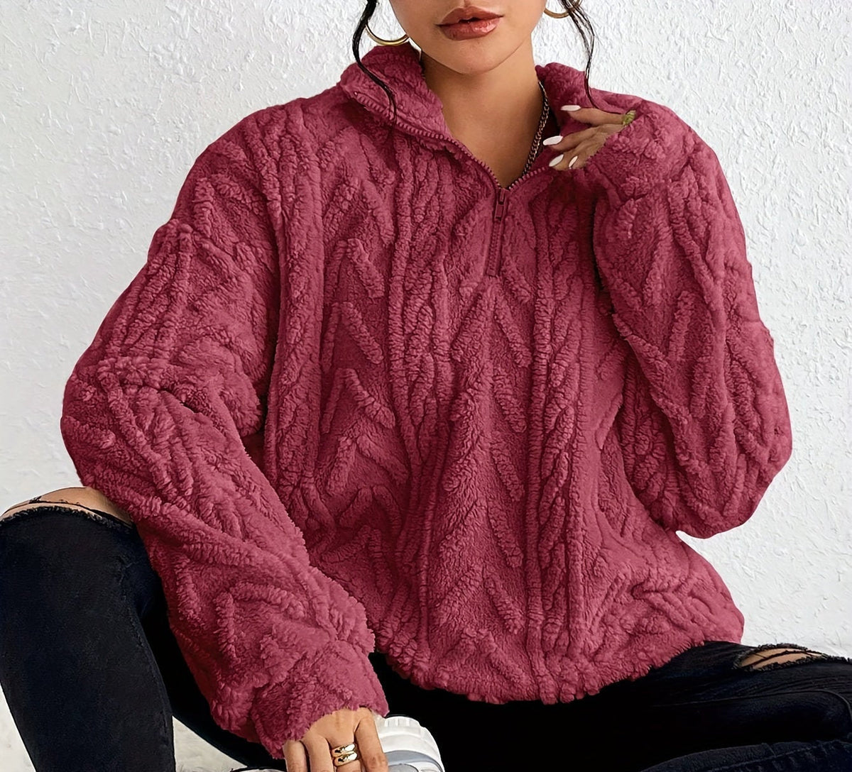 Women's Textured Half-Zip Hooded Jumper with Relaxed Fit