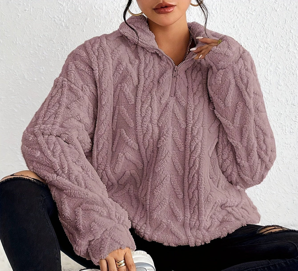 Women's Textured Half-Zip Hooded Jumper with Relaxed Fit