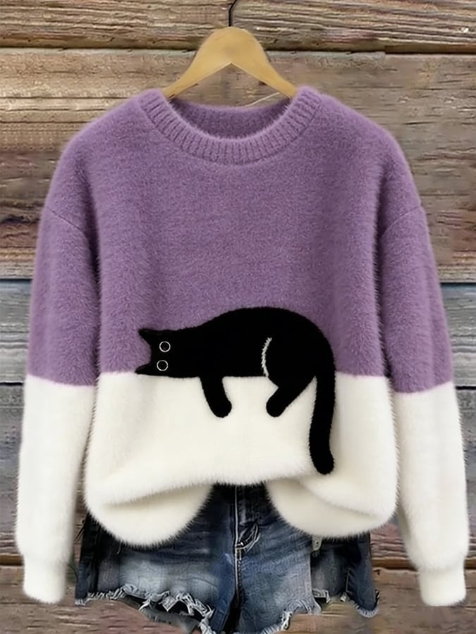 Emily | Women's Soft Knit Sweater Cat Print Crew Neck