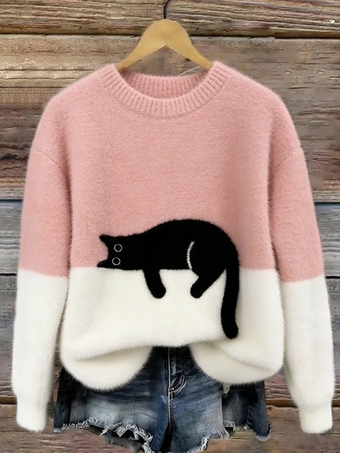 Emily | Women's Soft Knit Sweater Cat Print Crew Neck