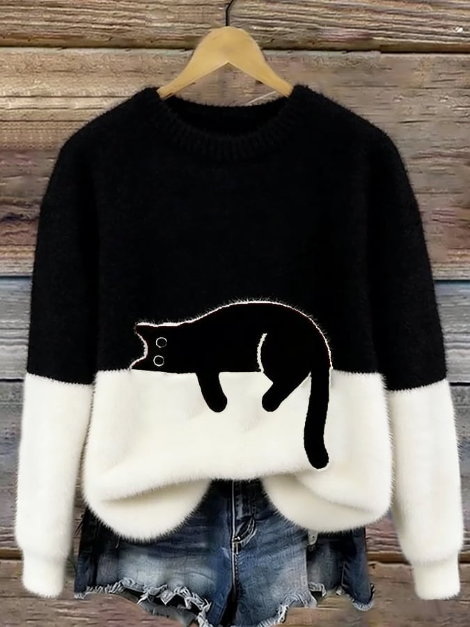 Emily | Women's Soft Knit Sweater Cat Print Crew Neck