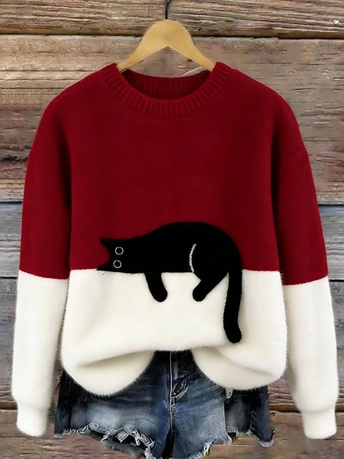 Emily | Women's Soft Knit Sweater Cat Print Crew Neck