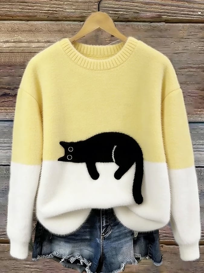 Emily | Women's Soft Knit Sweater Cat Print Crew Neck