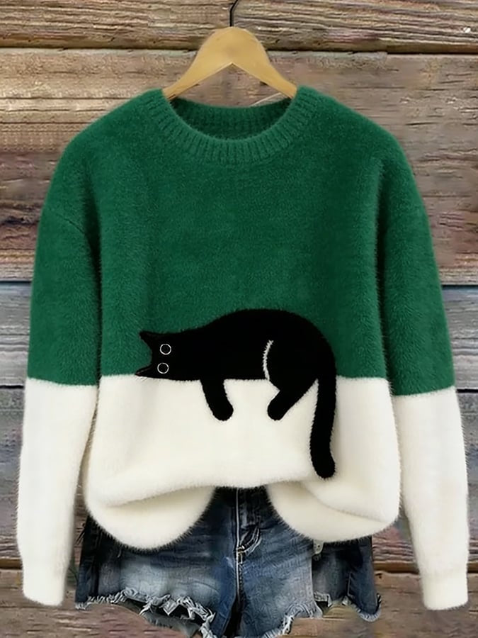 Emily | Women's Soft Knit Sweater Cat Print Crew Neck