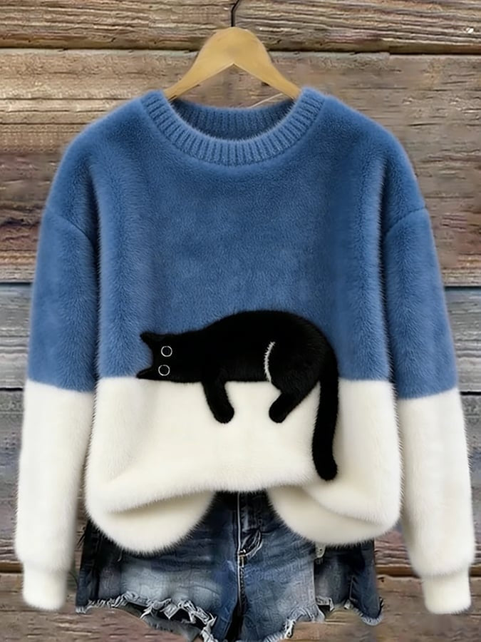 Emily | Women's Soft Knit Sweater Cat Print Crew Neck
