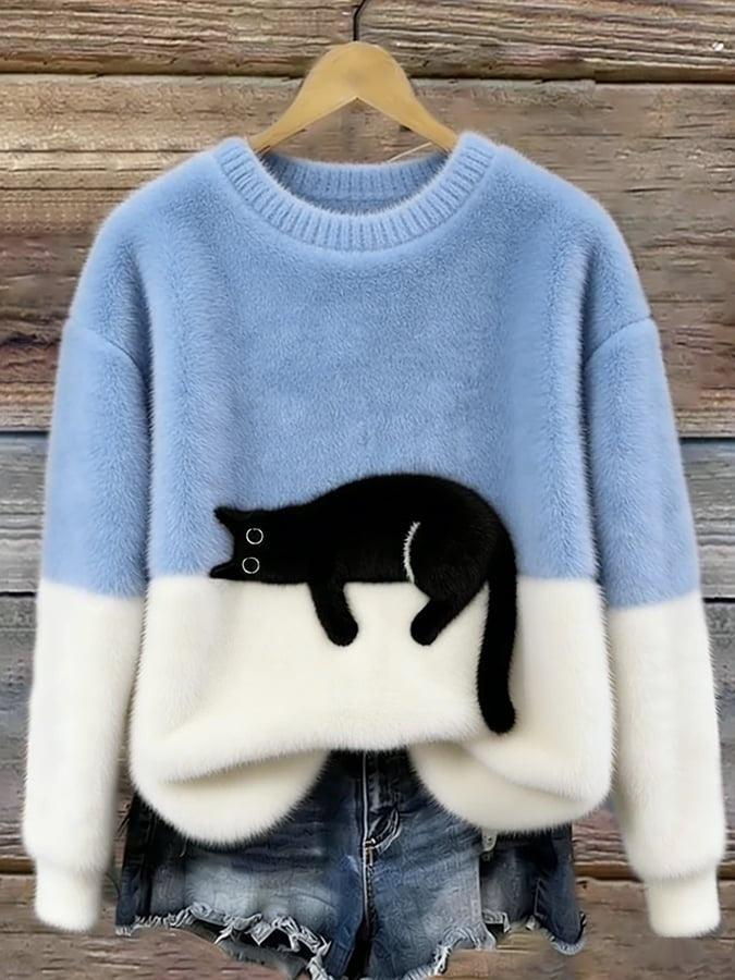Emily | Women's Soft Knit Sweater Cat Print Crew Neck