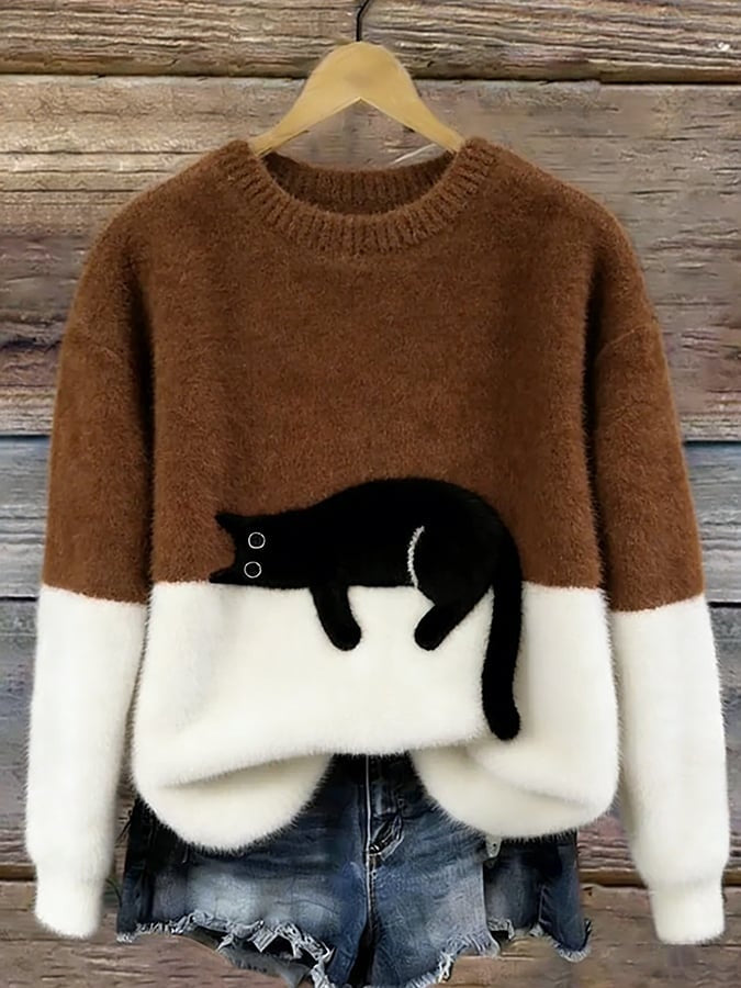 Emily | Women's Soft Knit Sweater Cat Print Crew Neck