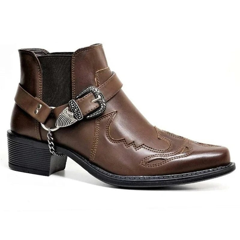 Samuel | Men's Leather Cowboy Boots Buckle Chain Western