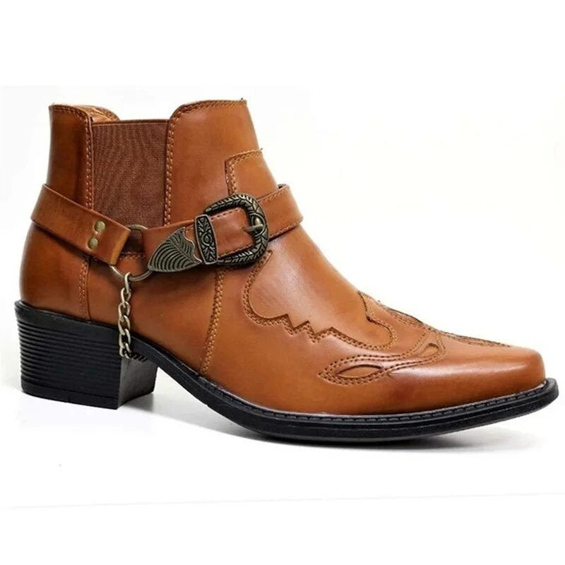 Samuel | Men's Leather Cowboy Boots Buckle Chain Western