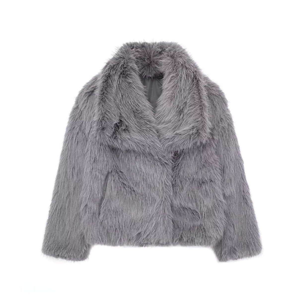 Women’s Short Faux Fur Jacket with Wide Lapels and Side Pockets – Soft Plush Outerwear for Elegant Winter Outfits and Evening Occasions
