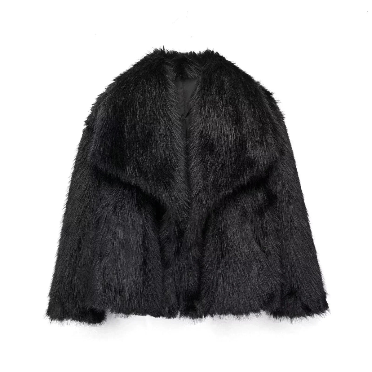 Women’s Short Faux Fur Jacket with Wide Lapels and Side Pockets – Soft Plush Outerwear for Elegant Winter Outfits and Evening Occasions