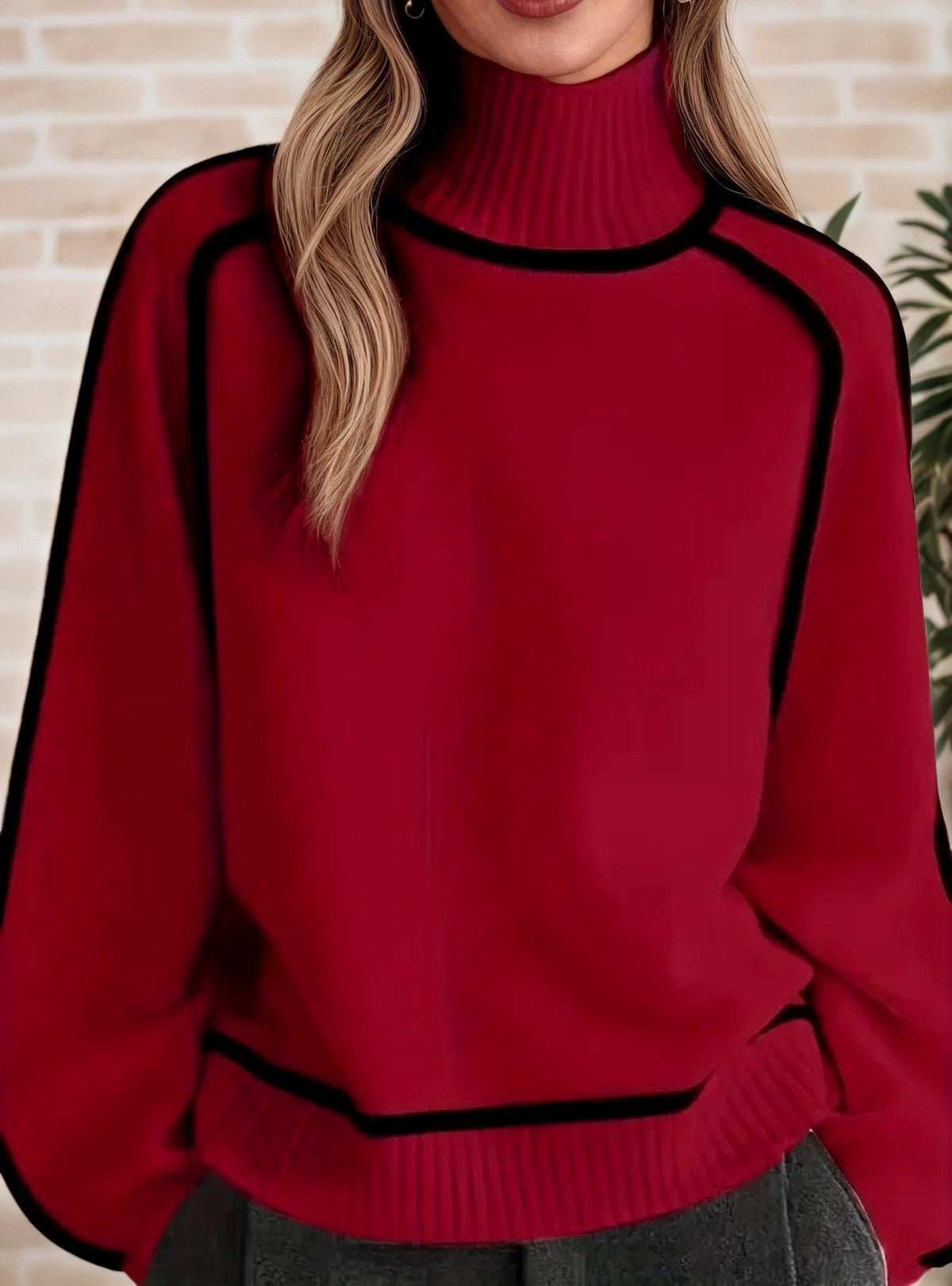 Alicia - Women's Contrast Trim Turtleneck Knit Sweater