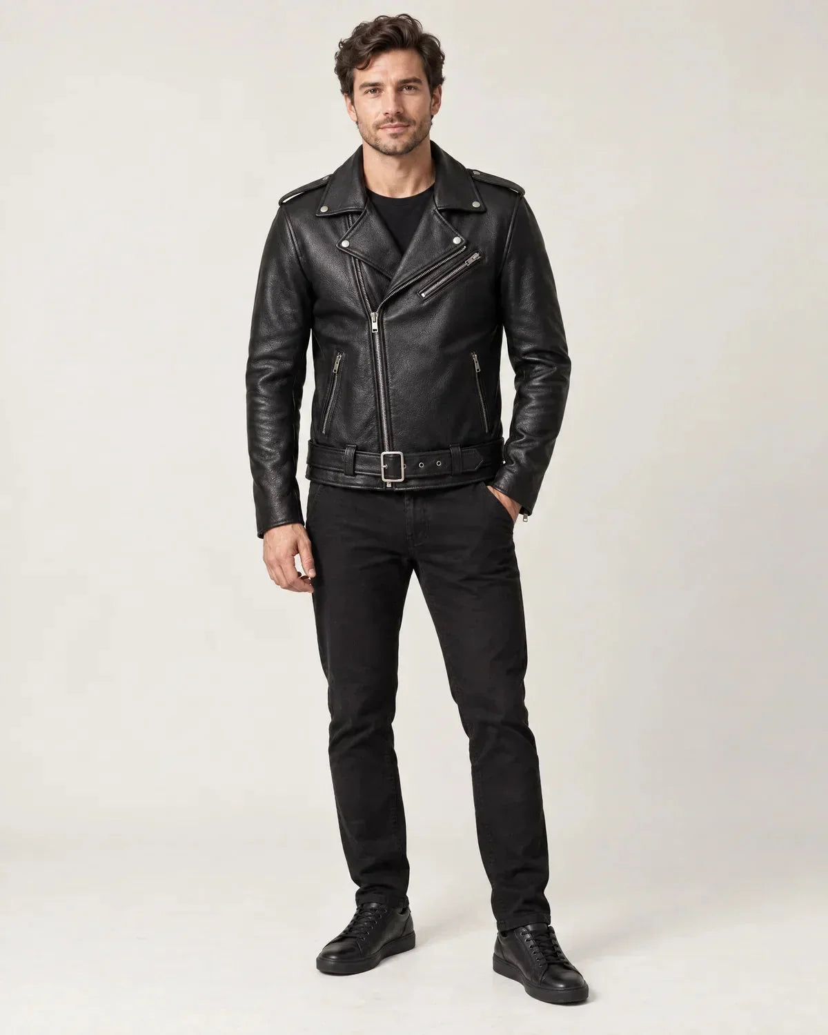 Alaric | Men's Belted Biker Jacket with Asymmetric Zip