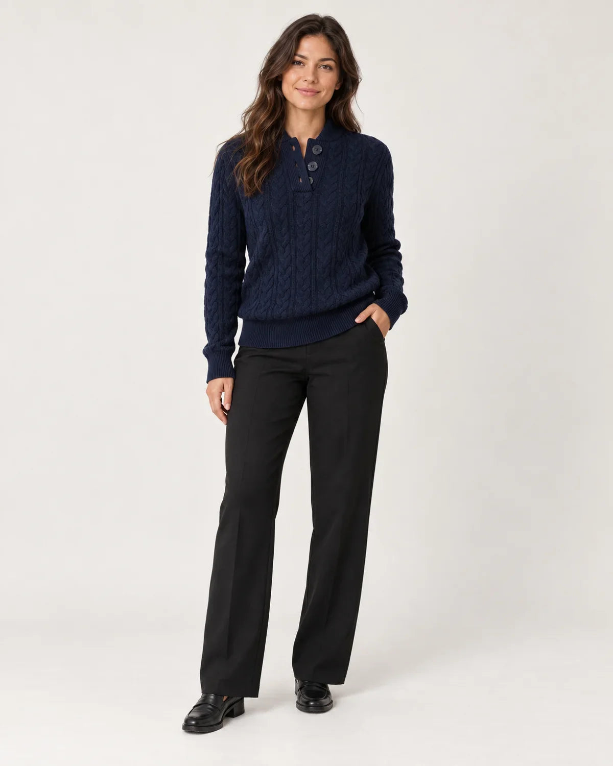 Rosalind | Women's Cable Knit Button-Neck Sweater