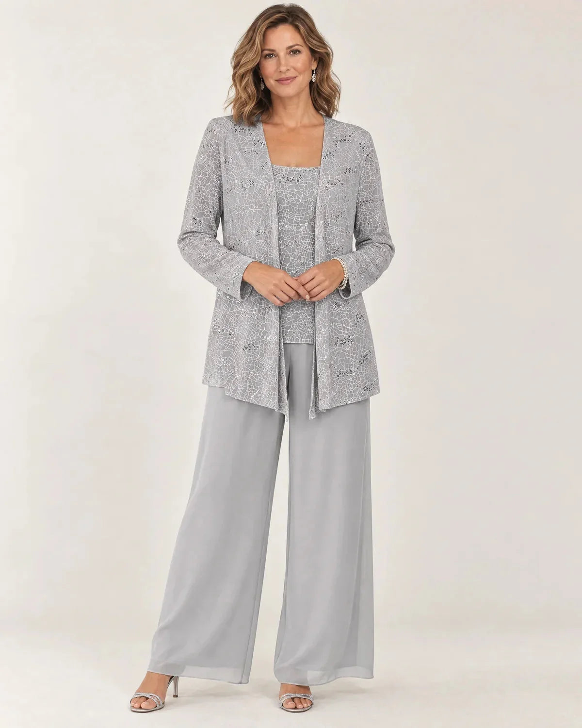 Aurelie | Women's Sequin Three-Piece Wide-Leg Pant Set