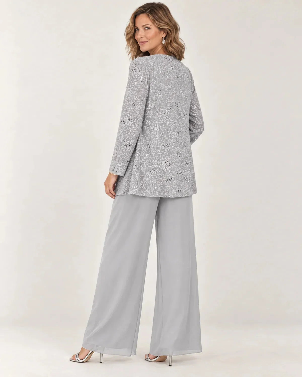 Aurelie | Women's Sequin Three-Piece Wide-Leg Pant Set