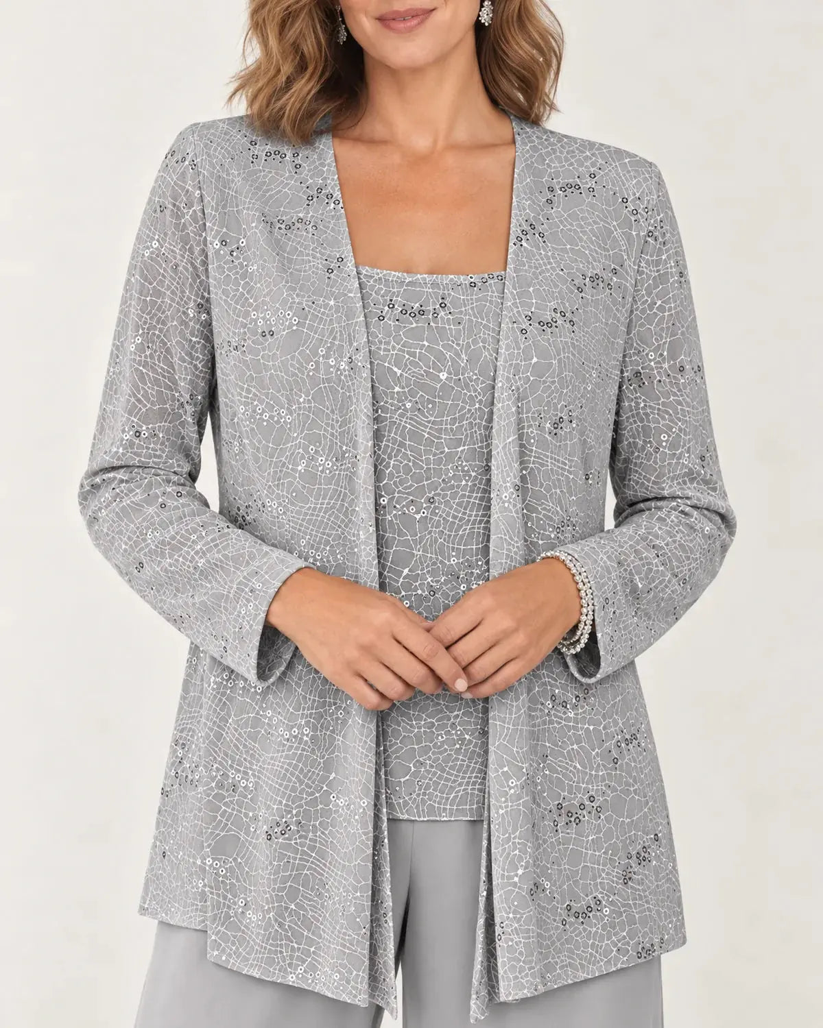 Aurelie | Women's Sequin Three-Piece Wide-Leg Pant Set