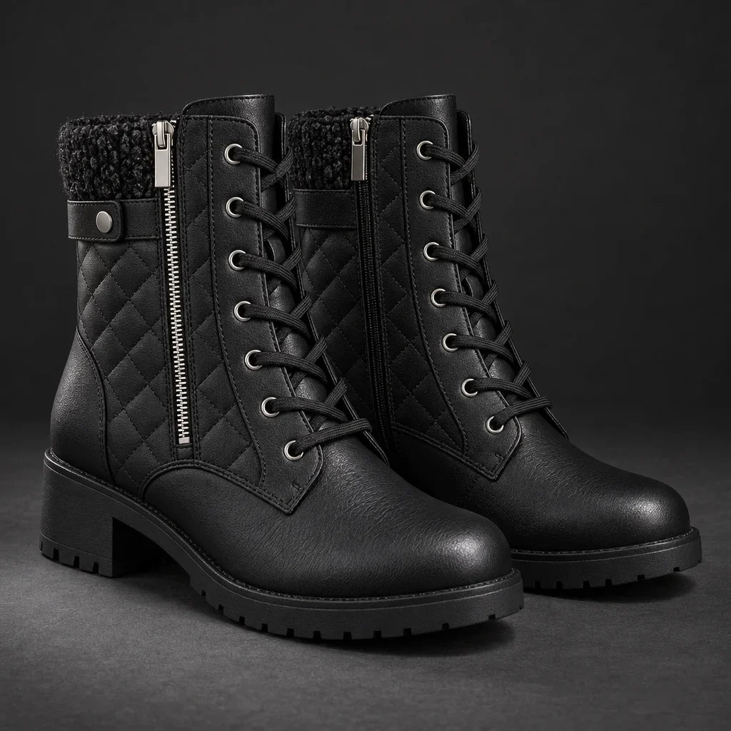 Liesel | Women's Quilted Lace-Up Ankle Boots with Side Zip